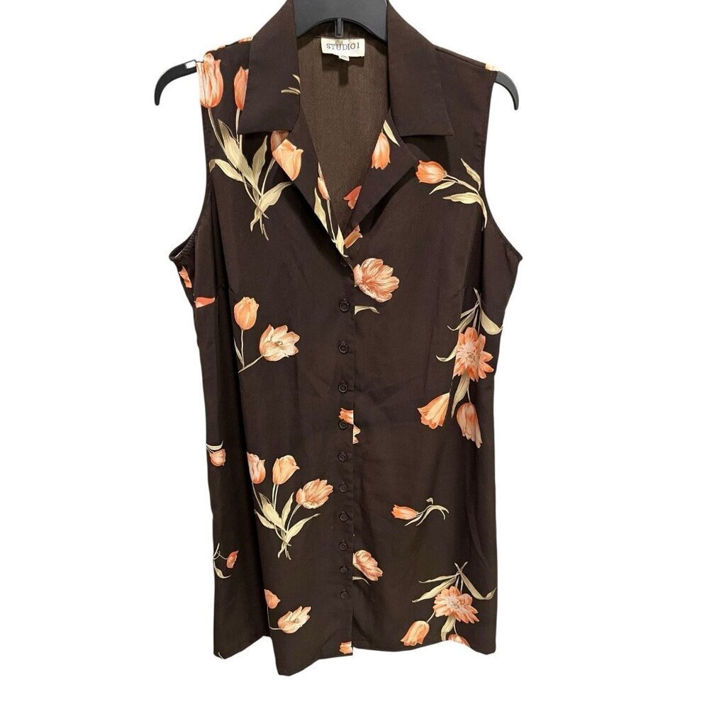Studio 1 Women's 20W Brown Floral Button Up Sleeveless Dress Summer Lightweight